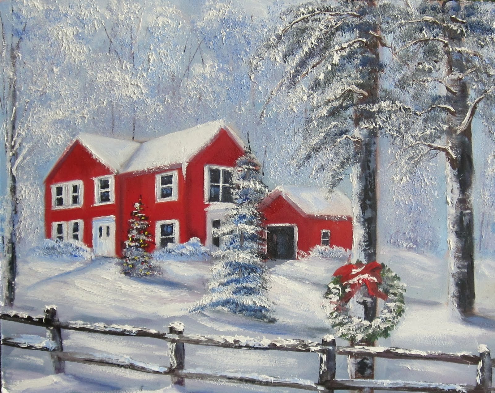 Artistic HD desktop wallpaper depicting a red house surrounded by snow-covered trees and a fence in a serene winter landscape.