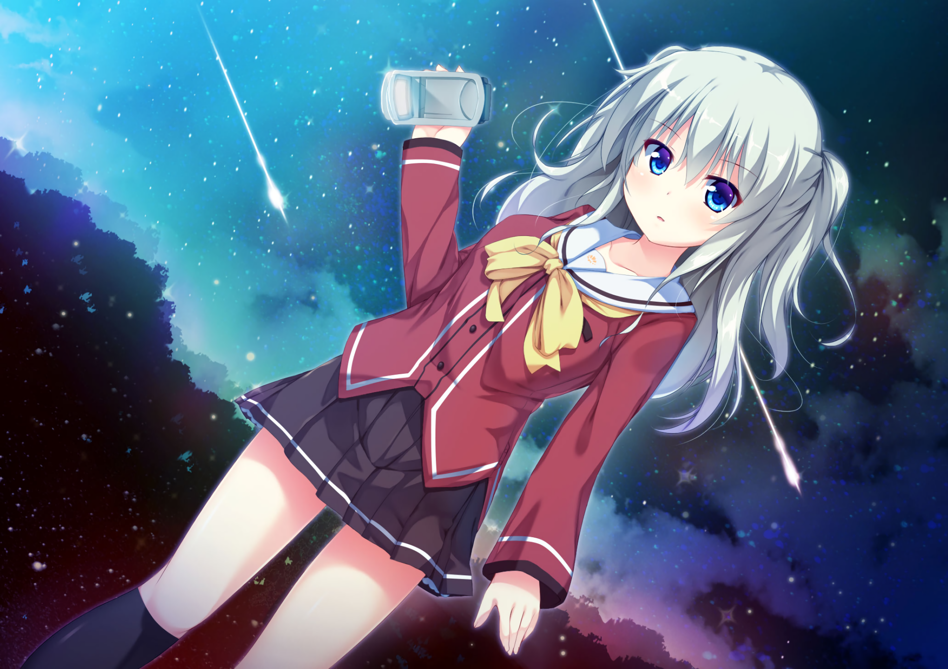 A captivating HD desktop wallpaper featuring Nao Tomori from the anime Charlotte, set against a starry night sky with shooting stars.