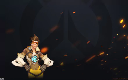 HD PC desktop wallpaper featuring Tracer from the video game Overwatch, set against a dark background with fiery sparks and the Overwatch logo subtly visible.