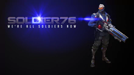 High-definition wallpaper featuring Soldier: 76 from Overwatch, showcasing the character in an action pose with the tagline We're all Soldiers now.