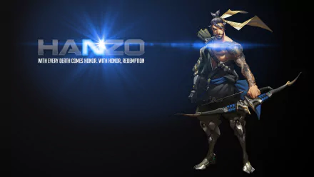A dynamic HD wallpaper featuring Hanzo from Overwatch, showcasing his iconic look with a bow and the phrase, With every death comes honor. With honor, redemption.