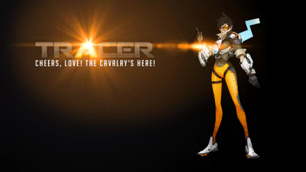 HD wallpaper featuring Tracer from Overwatch, striking a dynamic pose with the quote, Cheers, love! The cavalry's here! Background features dramatic lighting to enhance the action.