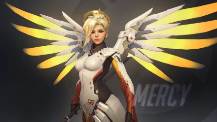 Mercy from Overwatch stands confidently, showcasing her iconic wings and healer's suit. This HD wallpaper highlights her role in the popular video game.