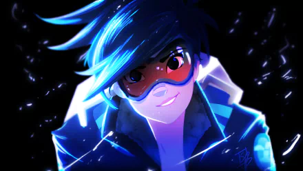 HD desktop wallpaper featuring Tracer from the video game Overwatch, showcasing vibrant colors and dynamic lighting that highlight the character’s confident expression.