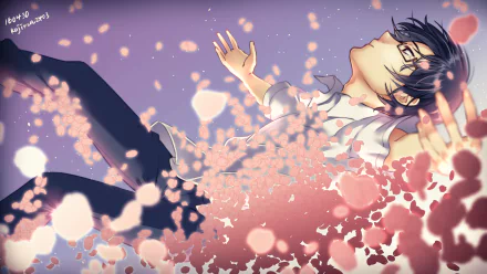 Satoru Fujinuma from the anime Erased is depicted floating amidst a flurry of cherry blossoms on an ethereal, pastel background, creating a captivating HD desktop wallpaper.