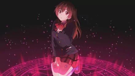 Shinka Nibutani from *Love, Chunibyo & Other Delusions* poses beautifully against a dark backdrop, surrounded by a glowing pink circle, creating a captivating anime wallpaper.