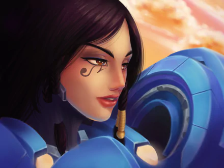 HD PC desktop wallpaper featuring a detailed close-up of Pharah from the video game Overwatch, showcasing her iconic blue armor and face markings.
