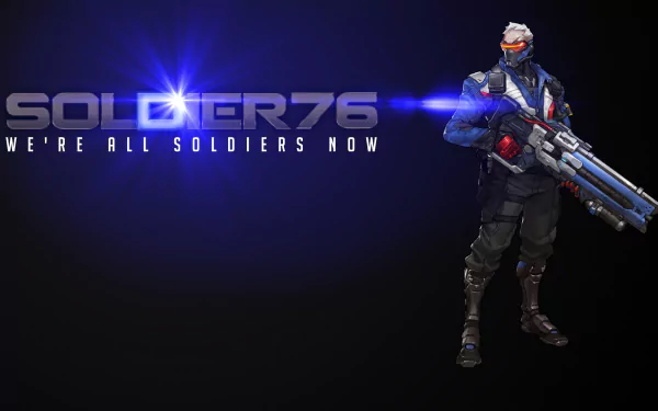 High-definition wallpaper featuring Soldier: 76 from Overwatch, showcasing the character in an action pose with the tagline We're all Soldiers now.