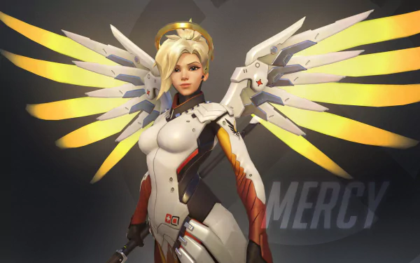 Mercy from Overwatch stands confidently, showcasing her iconic wings and healer's suit. This HD wallpaper highlights her role in the popular video game.