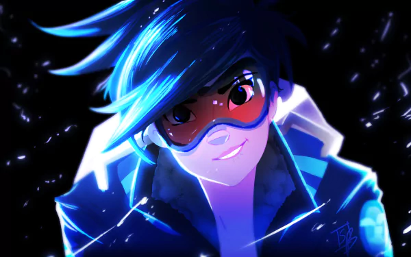 HD desktop wallpaper featuring Tracer from the video game Overwatch, showcasing vibrant colors and dynamic lighting that highlight the character’s confident expression.