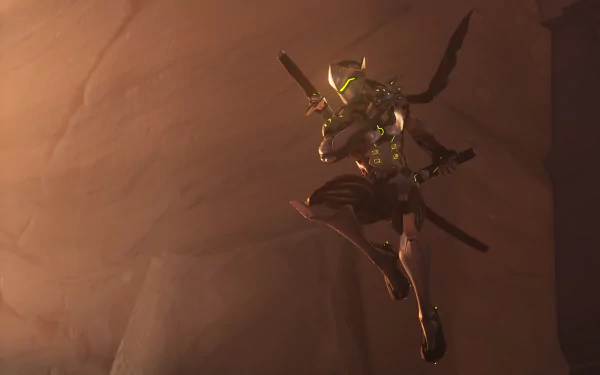 Genji from Overwatch leaps into action in this vibrant 4K Ultra HD desktop wallpaper, showcasing dynamic movement and captivating colors from the popular video game.