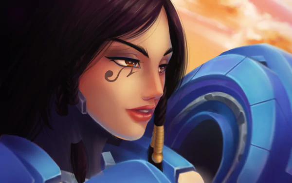 HD PC desktop wallpaper featuring a detailed close-up of Pharah from the video game Overwatch, showcasing her iconic blue armor and face markings.