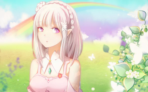 HD desktop wallpaper of Emilia from Re:Zero - Starting Life in Another World, set against a vibrant background with a rainbow and lush greenery.