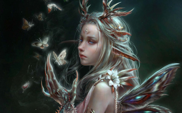 Fantasy Women Butterfly Wings Claws Blue Eyes Horns HD Wallpaper | Background Image