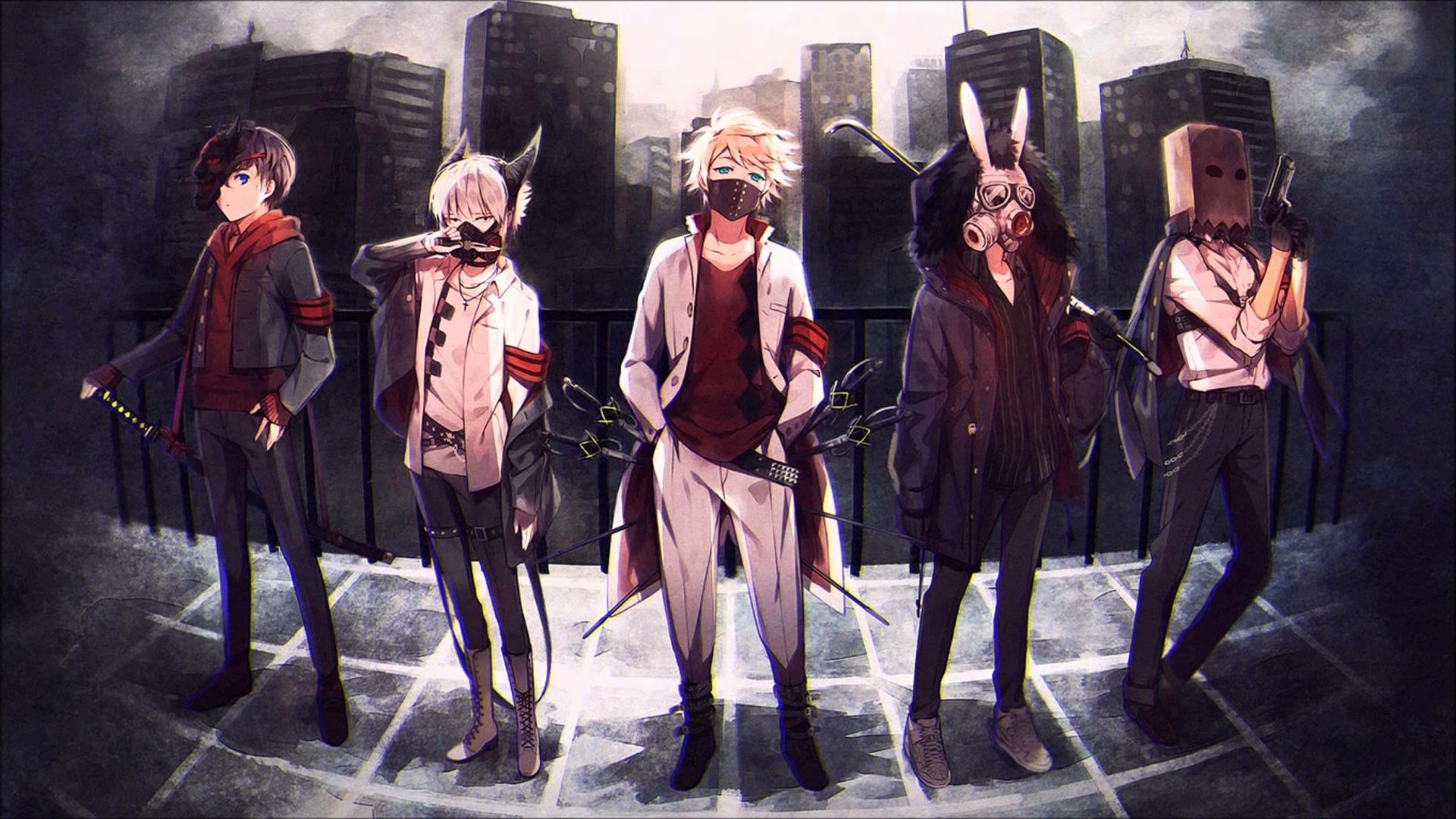 HD anime original desktop wallpaper featuring five stylized characters in masks and unique outfits, standing confidently against a dark urban cityscape background.