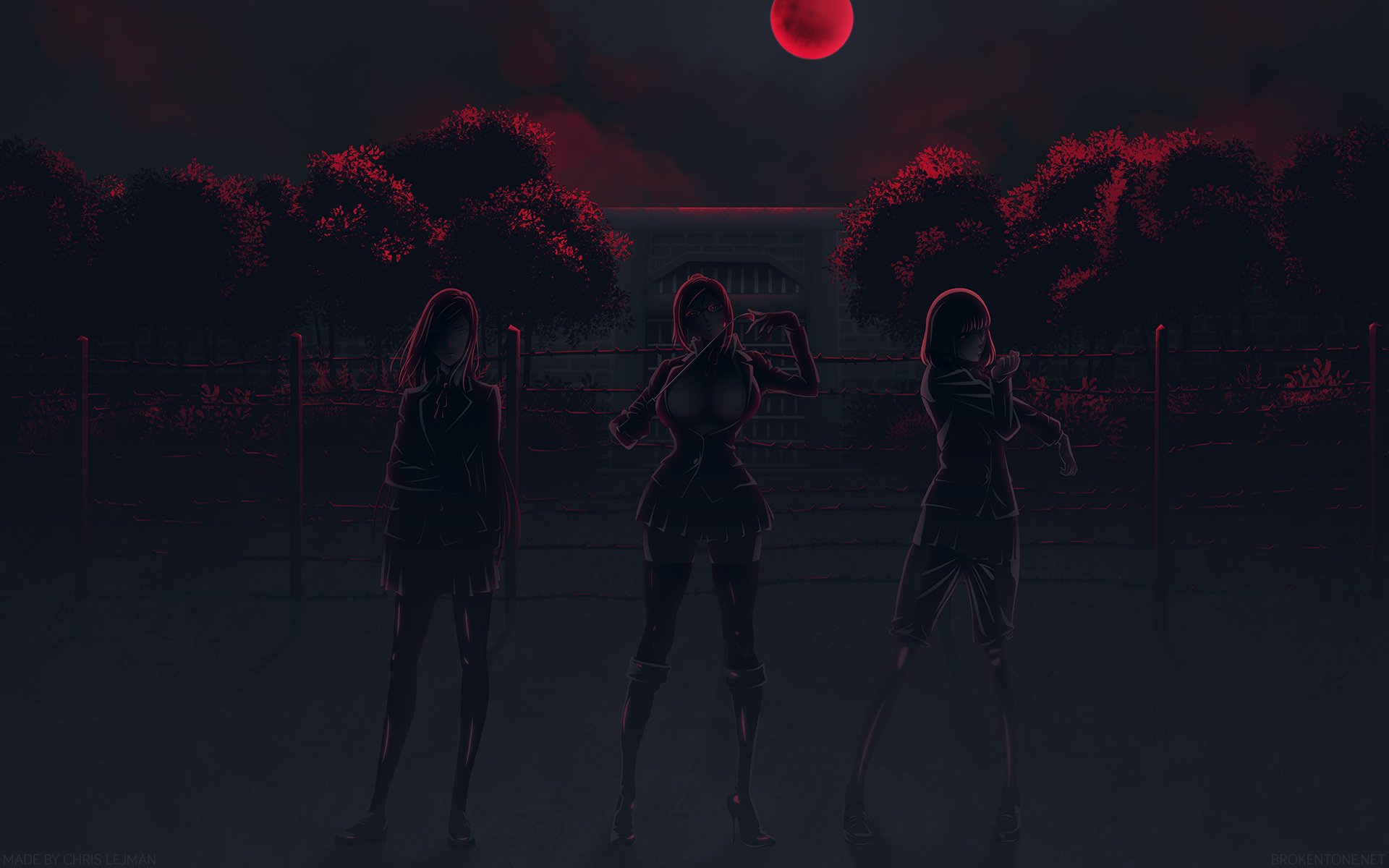 A striking HD wallpaper featuring Meiko Shiraki, Mari Kurihara, and Hana Midorikawa from the anime Prison School, set against a moody, dark landscape with a red moon.