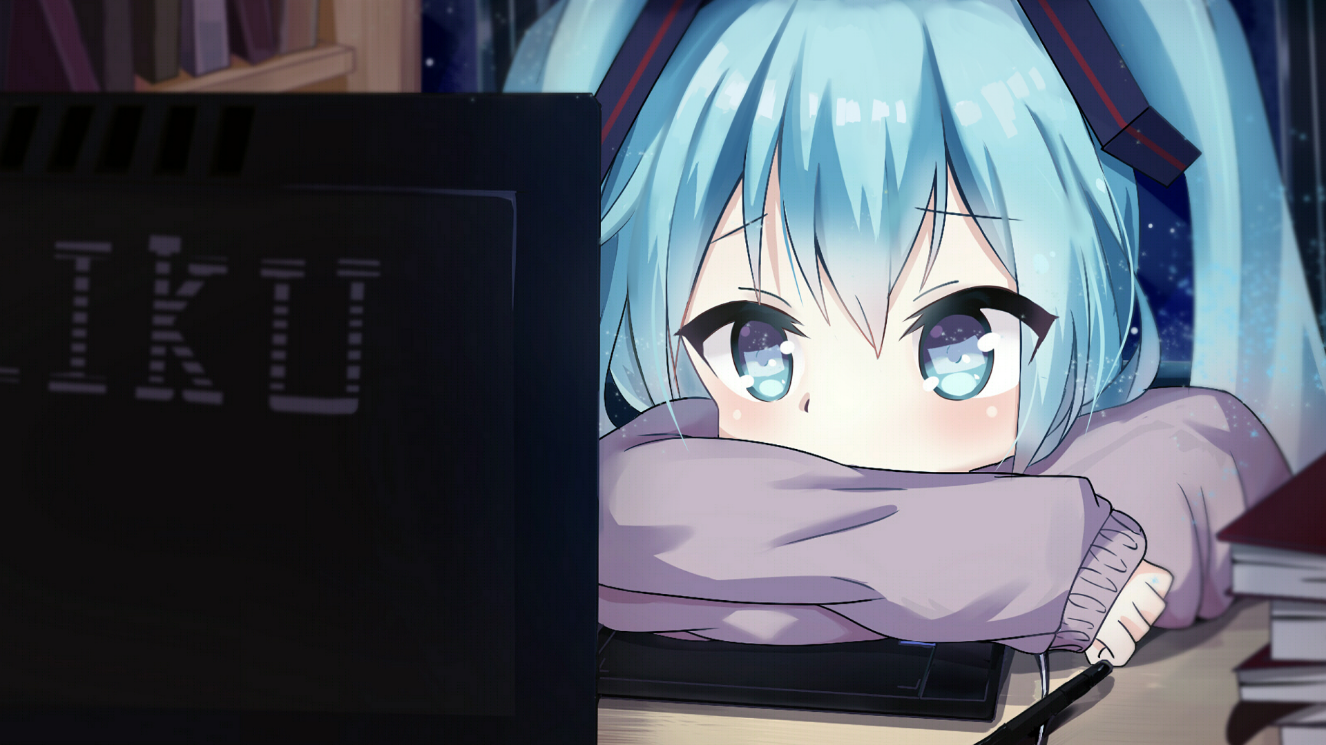 A dreamy anime-inspired HD desktop wallpaper featuring a character with blue hair gazing at a computer screen, embodying the essence of Vocaloid creativity and charm.