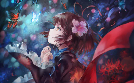 Anime character Mumei from Kabaneri of the Iron Fortress wearing a kimono with a flower in her brown hair, red eyes, surrounded by butterflies. HD desktop wallpaper.