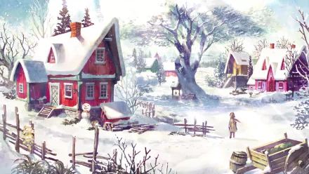 HD wallpaper featuring a snowy village scene from I Am Setsuna with a character and cozy cottages.