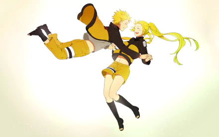 Naruto Uzumaki and Naruko Uzumaki share a joyful moment in this HD anime wallpaper, showcasing their vibrant friendship and dynamic poses against a soft background.