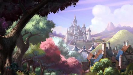 HD PC desktop wallpaper featuring a scenic, colorful landscape from the movie Sofia the First: Once Upon a Princess, showcasing a castle amid lush trees and rolling hills.