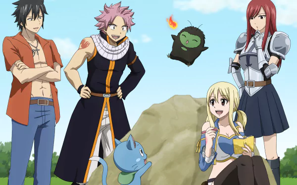 A vibrant HD wallpaper featuring characters from Fairy Tail: Happy, Gray Fullbuster, Natsu Dragneel, Erza Scarlet, and Lucy Heartfilia enjoying a lively outdoor moment.
