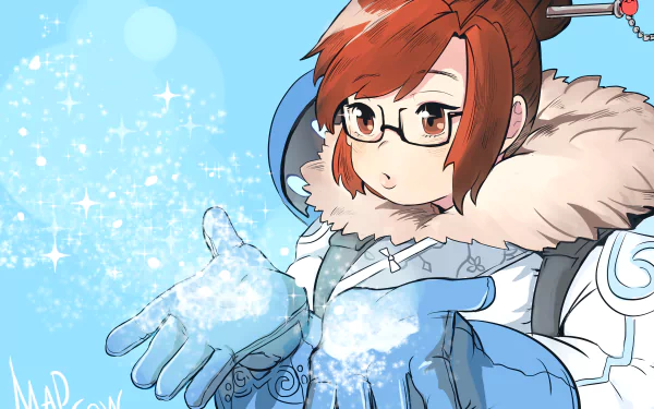 HD desktop wallpaper of Mei, a character from the video game Overwatch. The image shows Mei with her ice powers, wearing glasses and winter gear, set against a light blue background.