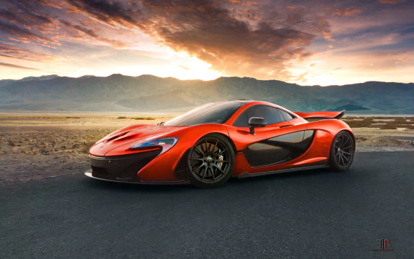 HD desktop wallpaper featuring a stunning orange McLaren P1 supercar parked on a road against a backdrop of mountains at sunset.