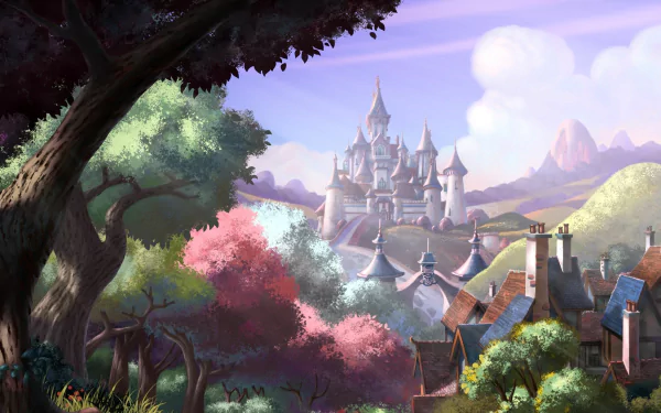 HD PC desktop wallpaper featuring a scenic, colorful landscape from the movie Sofia the First: Once Upon a Princess, showcasing a castle amid lush trees and rolling hills.