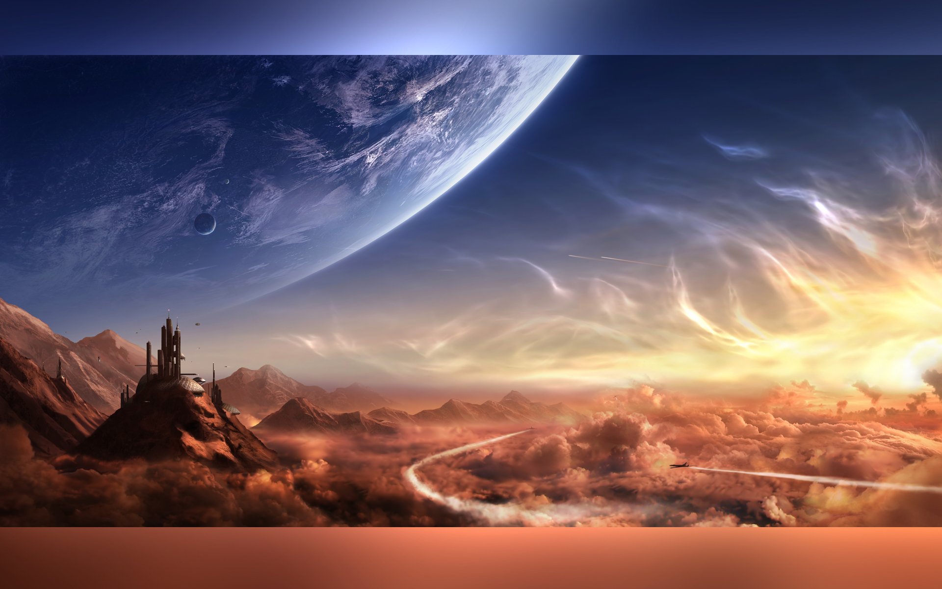 HD PC desktop wallpaper of a sci-fi landscape featuring a distant planet, futuristic structures on rocky terrain, and a glowing horizon under a vast, cloudy sky.