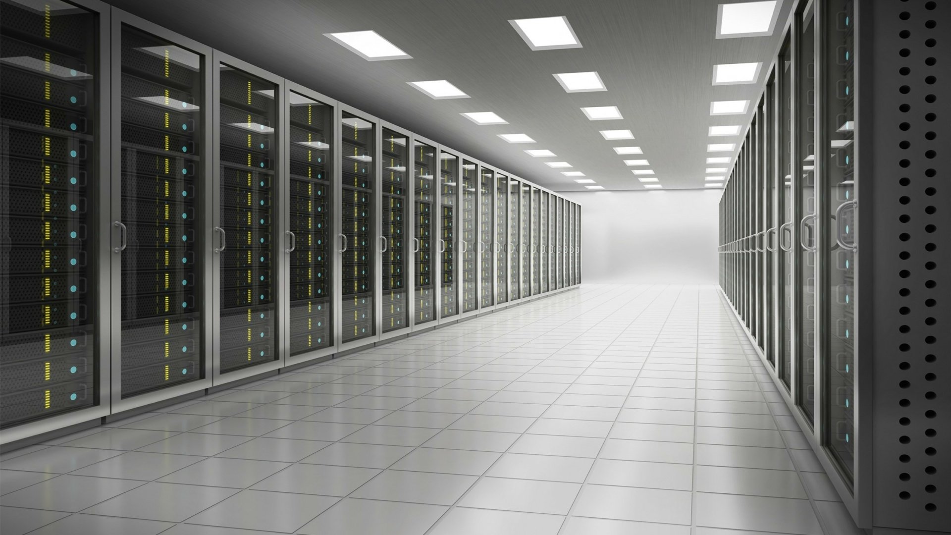 HD desktop wallpaper featuring a clean, modern server room with rows of technology racks illuminated by bright overhead lights.