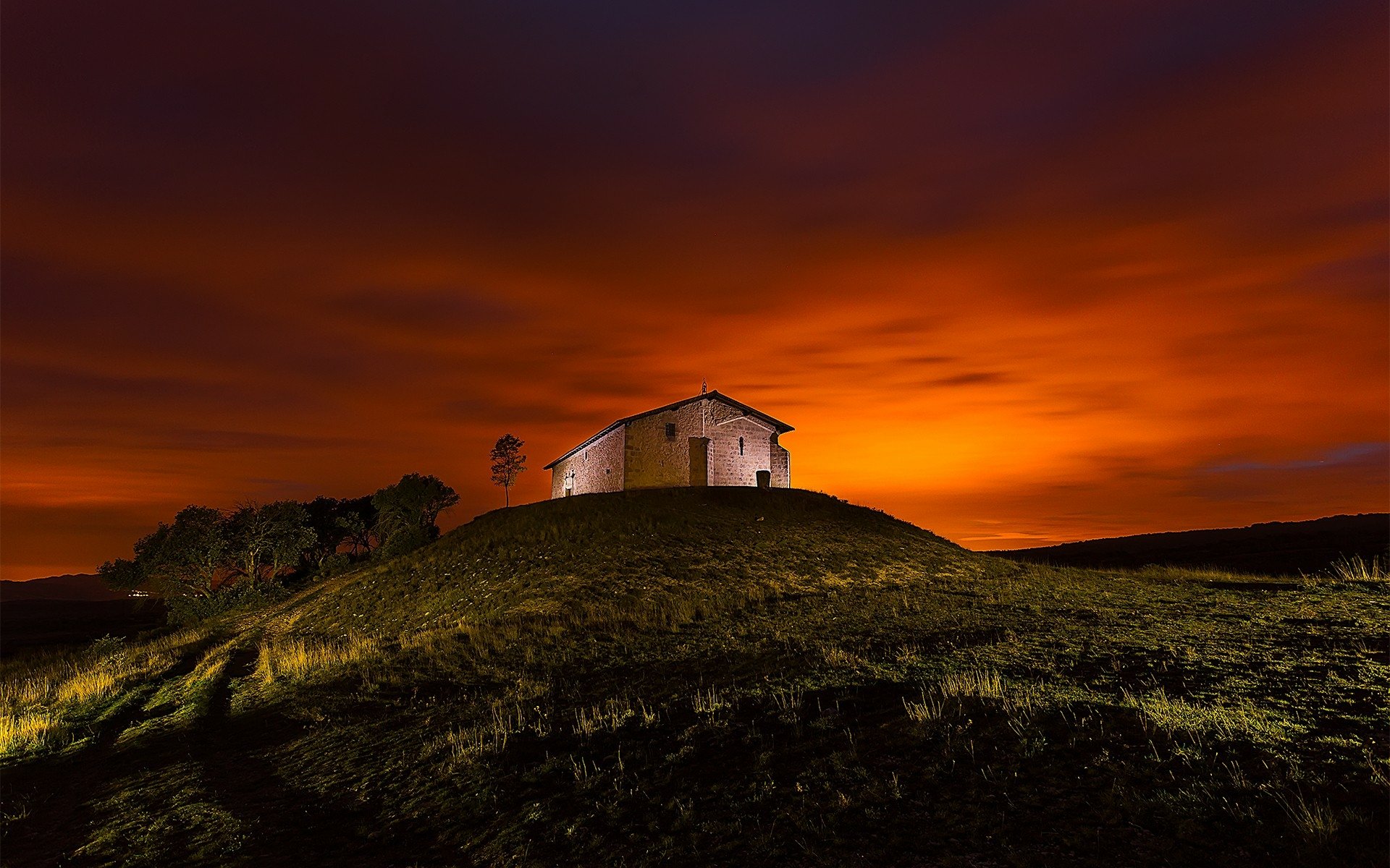 Download Sunset Tree Hill Man Made House HD Wallpaper