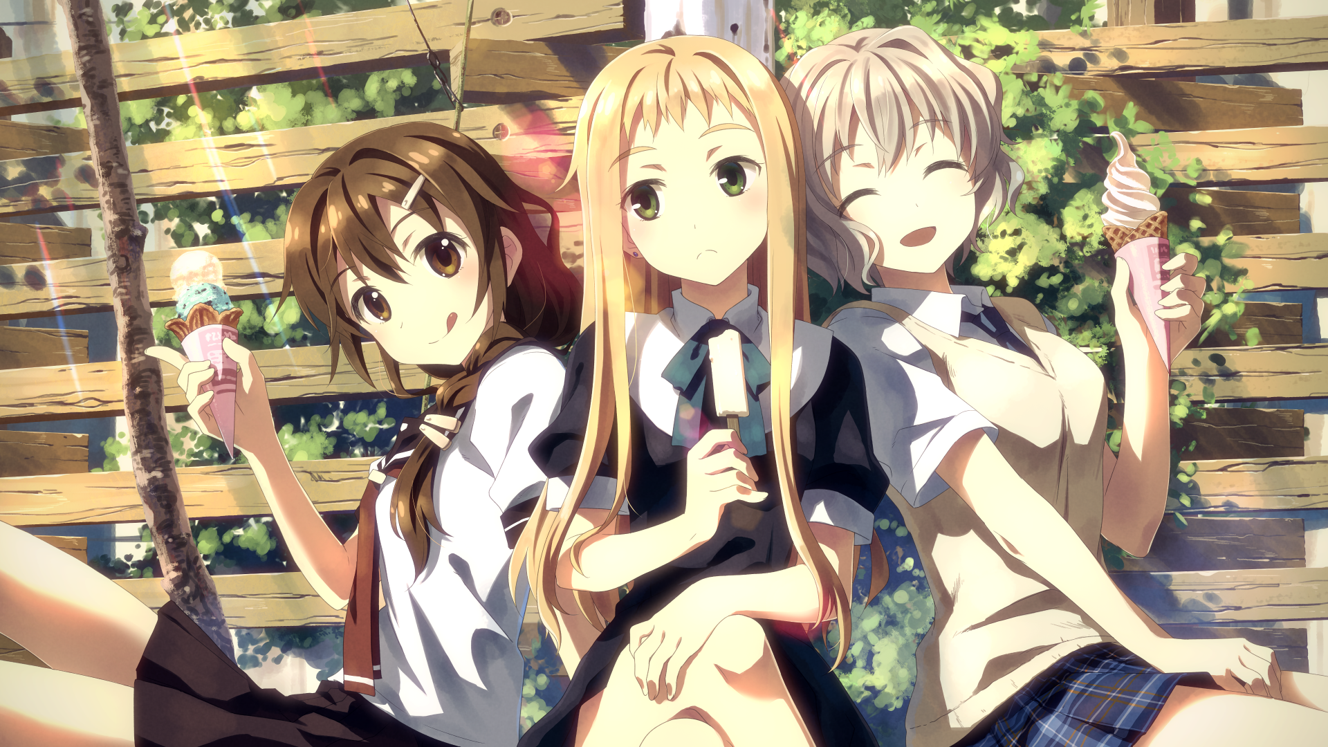 A vibrant 4K Ultra HD anime wallpaper featuring three girls enjoying ice cream, set against a sunny backdrop with greenery and wooden structures, showcasing an original artistic style.