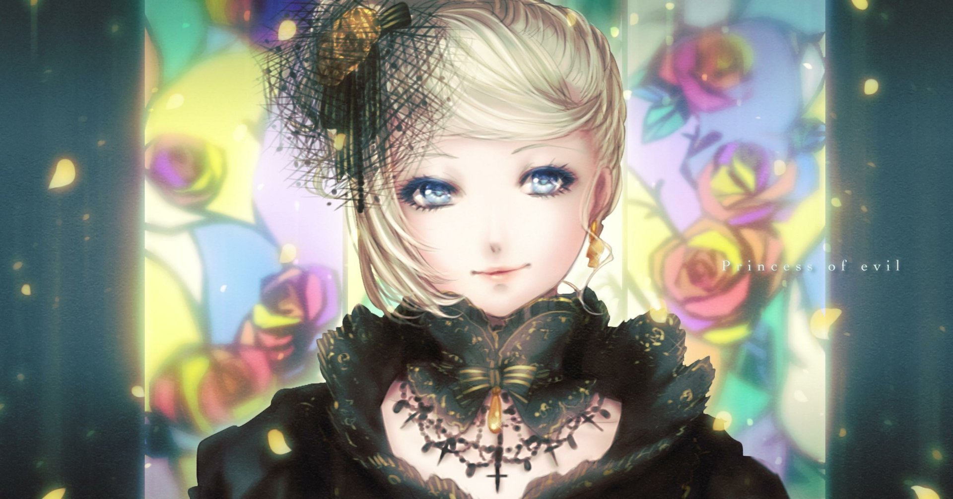 A captivating HD wallpaper featuring Rin Kagamine with short blonde hair and striking blue eyes, adorned in a stylish outfit against a colorful floral background.