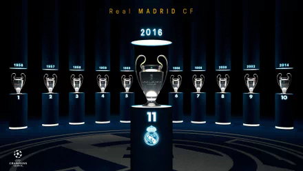 HD desktop wallpaper featuring Real Madrid C.F.'s collection of UEFA Champions League trophies, focusing on their 11th title won in 2016.