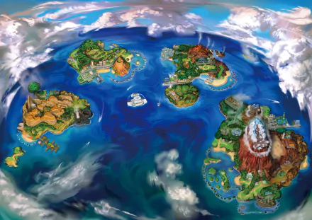 A vibrant HD wallpaper depicting the islands of the Alola region from Pokémon Sun and Moon, showcasing lush landscapes and a variety of terrains in a stunning ocean setting.