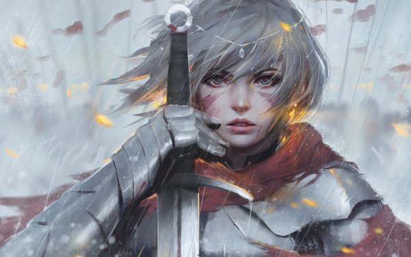 Fantasy Women Sword Armor Grey Eyes Short Hair HD Wallpaper | Background Image