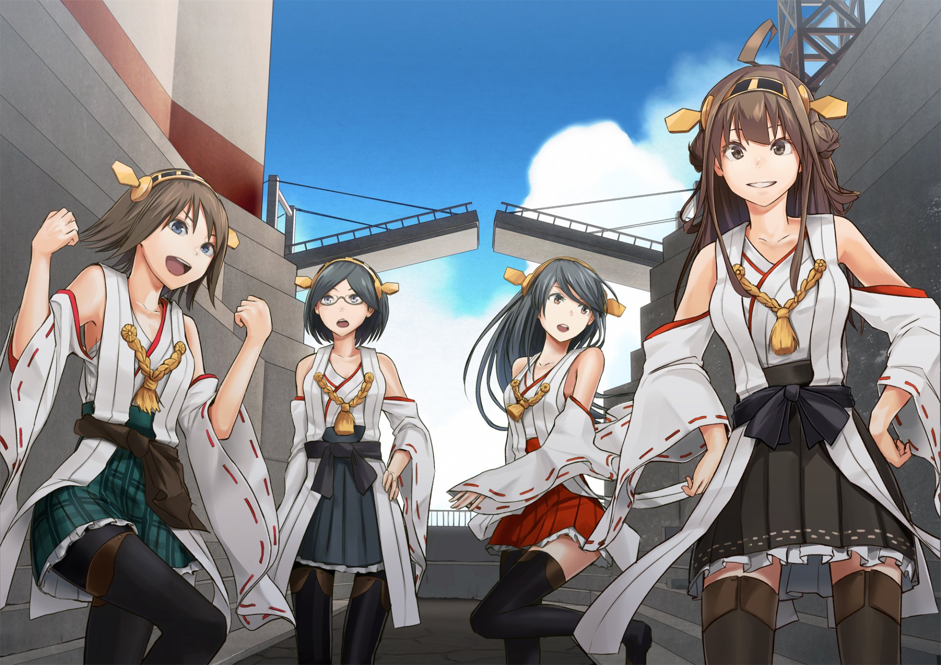 HD desktop wallpaper of Kongou, Hiei, Kirishima and Haruna from the Kantai Collection anime — four smiling shipgirls in naval-style outfits posing on a sunlit dock beneath a blue sky
