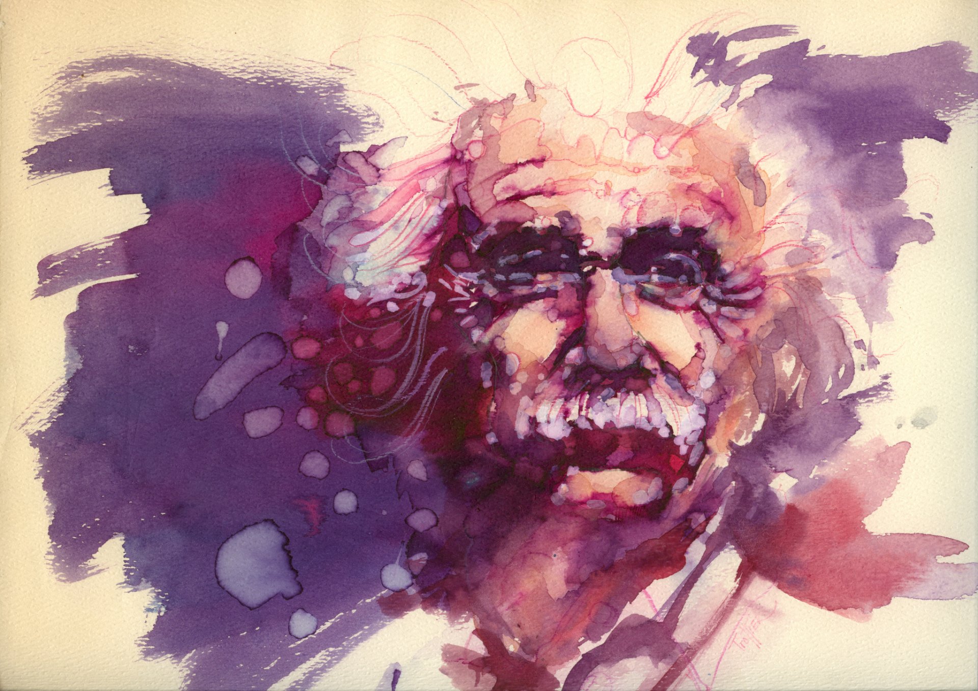Watercolor painting of Albert Einstein with vibrant purple and pink hues, designed as an HD PC desktop wallpaper and background.