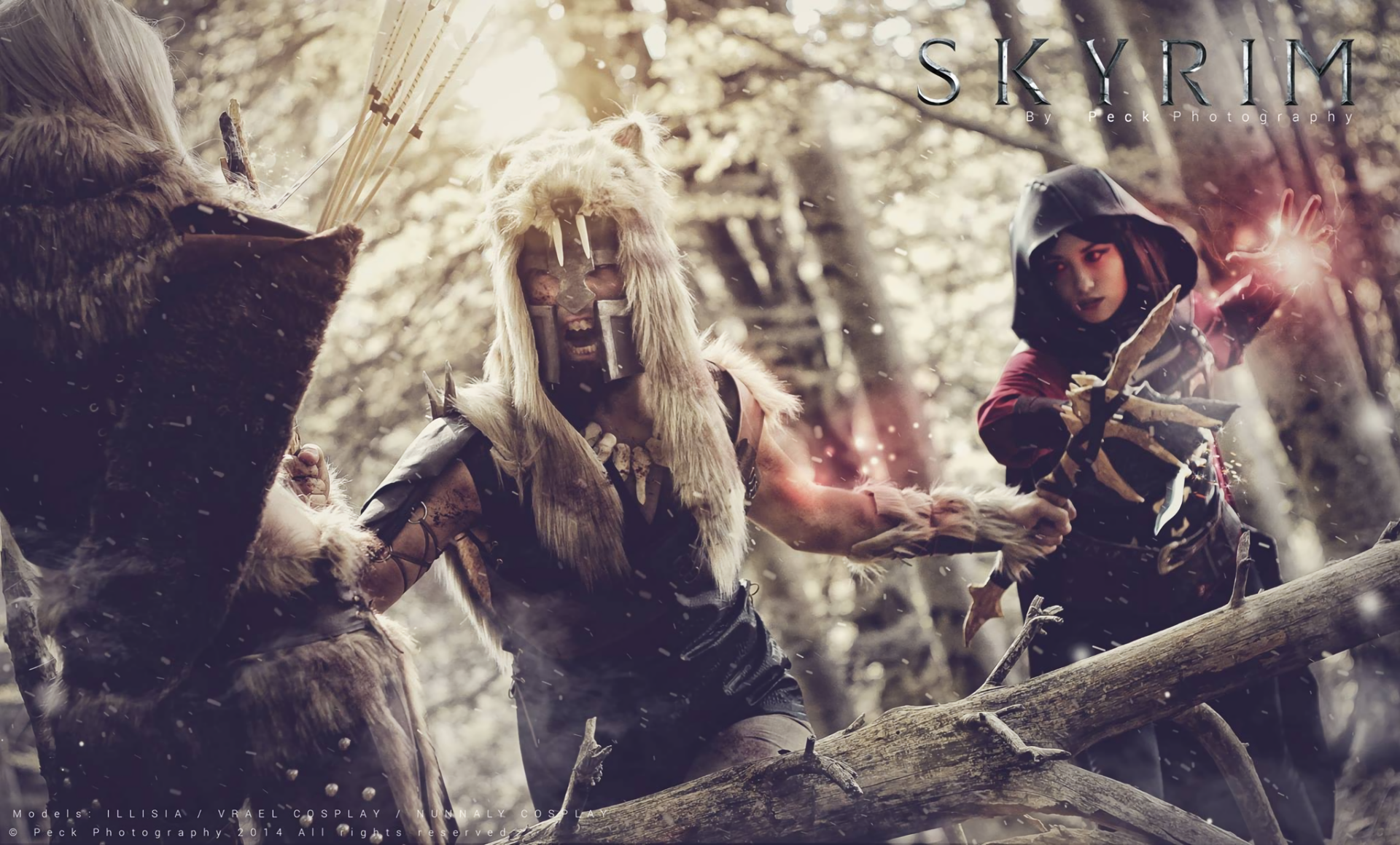 HD PC desktop wallpaper featuring a woman cosplaying Serana from The Elder Scrolls V: Skyrim, casting magic in a snowy forest scene.