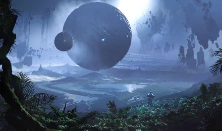 A stunning sci-fi landscape featuring a floating island and two large spheres above a vibrant, lush environment, creating a captivating HD desktop wallpaper.