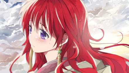 Vibrant HD wallpaper featuring Yona from Akatsuki no Yona (Yona of the Dawn), showcasing her striking red hair and contemplative expression against a serene sky backdrop.
