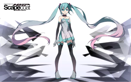 HD anime desktop wallpaper featuring Hatsune Miku, the iconic Vocaloid character, with her signature teal twin tails and futuristic outfit against a geometric background.