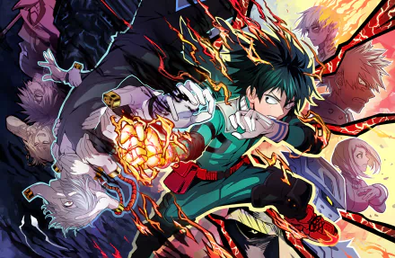 HD desktop wallpaper featuring Shoto Todoroki, Katsuki Bakugou, and Izuku Midoriya from the anime My Hero Academia, in a dynamic and intense action scene with vibrant colors and powerful effects.
