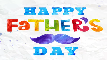 Colorful Happy Father's Day text with a purple mustache on a crumpled white background, designed as an HD PC desktop wallpaper for the Father's Day holiday.