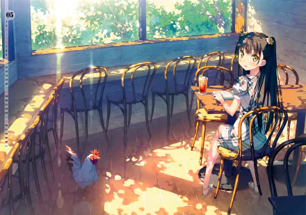 A serene HD desktop wallpaper titled 5 Nenme no Houkago featuring anime artwork of a girl in a sunlit room with a rooster.