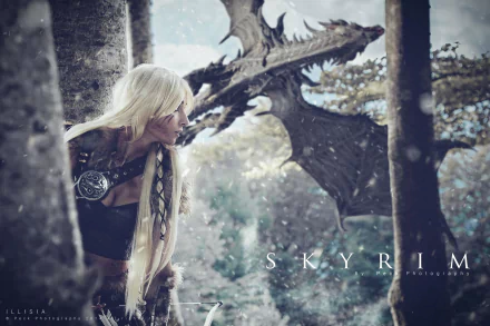 A woman in cosplay inspired by The Elder Scrolls V: Skyrim emerges from the trees, with a dramatic dragon looming in the background, set in a snowy, enchanting landscape.