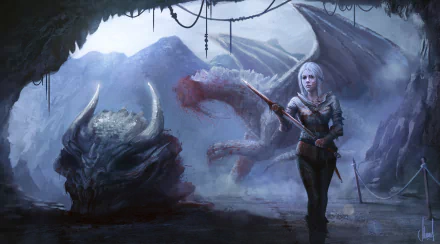 Ciri from The Witcher 3: Wild Hunt stands confidently in a dramatic scene, featuring a dragon in the background and a fierce dragon skull in the foreground. A striking HD wallpaper.