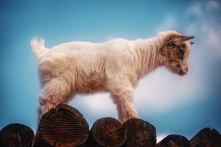 A baby pygmy goat stands on wooden logs against a clear blue sky, captured in sharp detail for a 4K Ultra HD desktop wallpaper background.