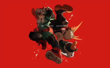 HD desktop wallpaper featuring Katsuki Bakugou and Izuku Midoriya from My Hero Academia against a striking red background.